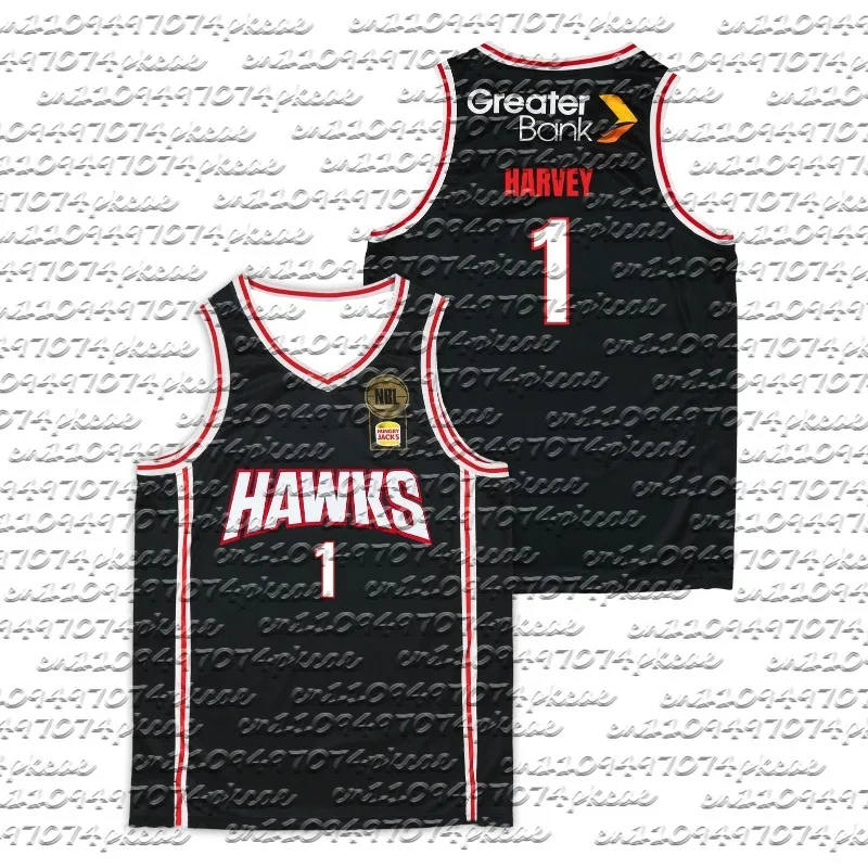 Elegante camiseta de baloncesto negra Illawarra Hawks Home de secado rápido # 1 Harvey Ropa deportiva transpirable de secado rápido para adultos y niños Y2k