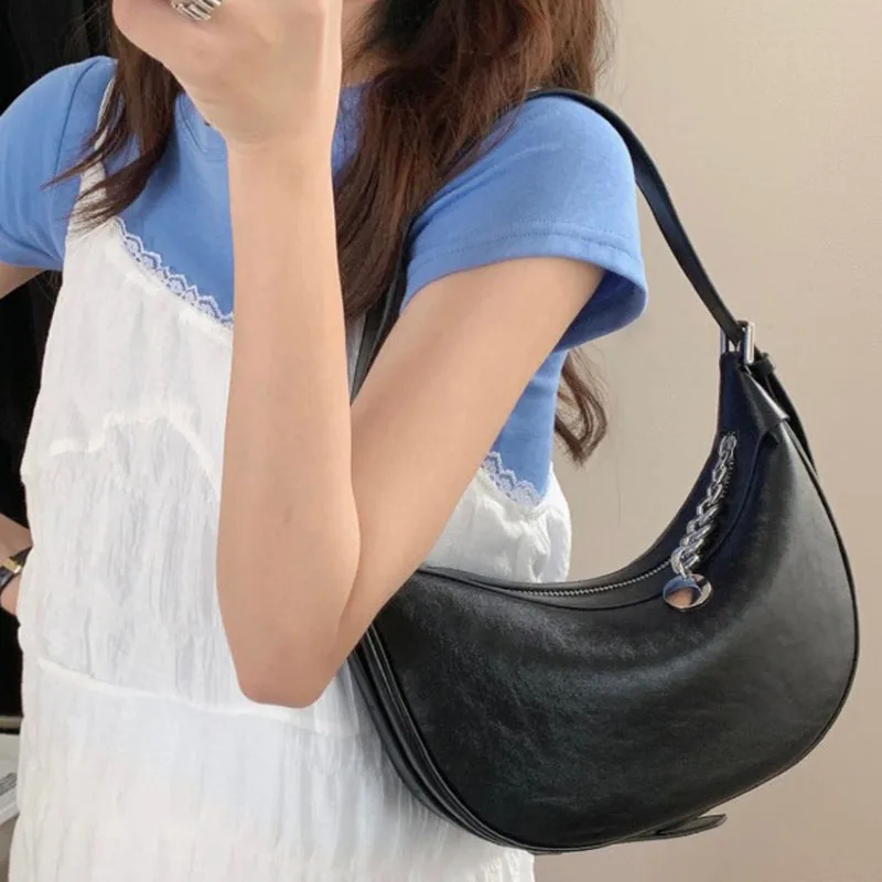 Formeki New Real Leather Bag Shoulder Bag For Women Metal Chain Half Moon Bag Concise Hobos Luxury Design Bag