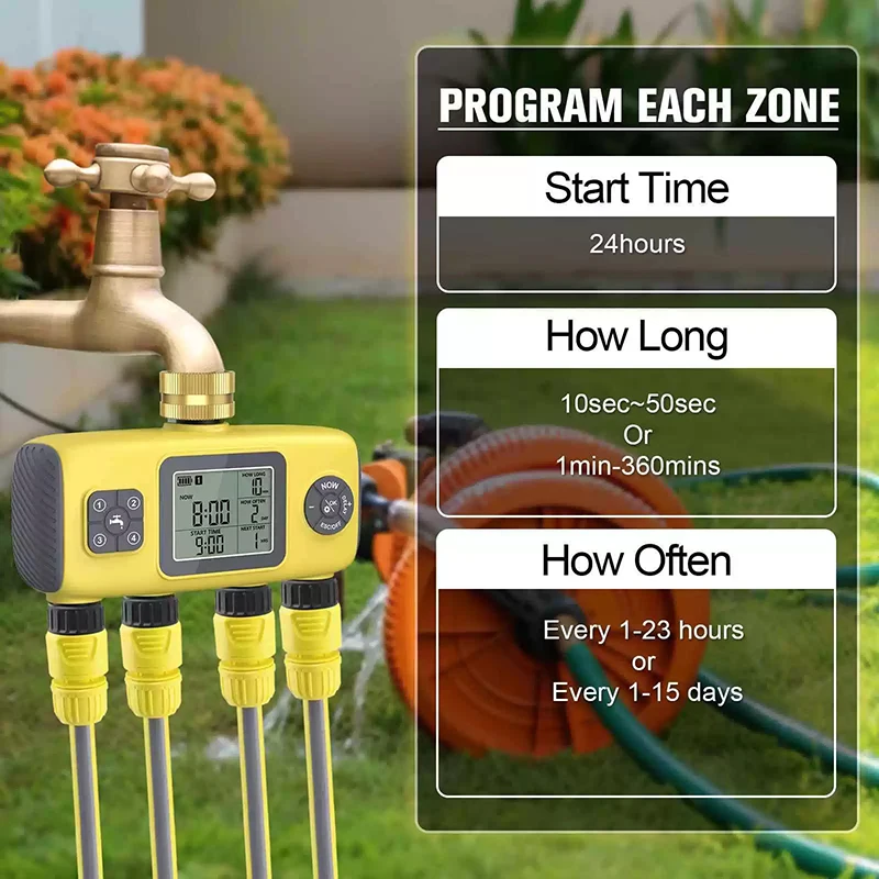 Digital Water Timer 4-Outlet Garden Irrigation Timer Rainwater Sensing Irrigation Watering System Precision Timing Controller