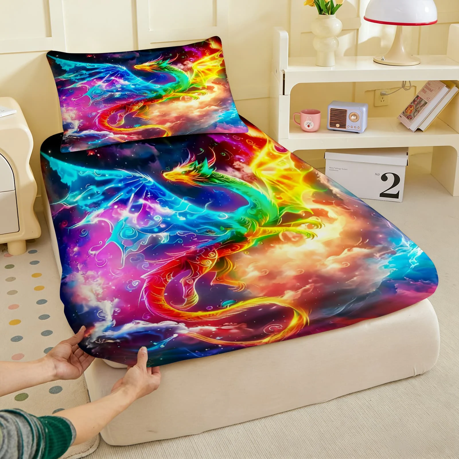1pc Rainbow Cosmic Dragon Print Fitted Sheet Deep Pocket Elastic Mattress Cover Single Double Queen King Bedroom Decor