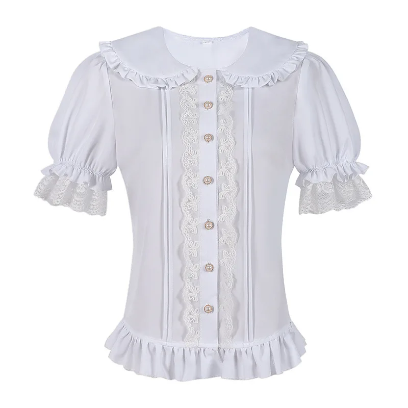 Nova blusa lolita feminina manga curta renda guarnição japonês único breasted doce topo y2k estética babados blusas soltas