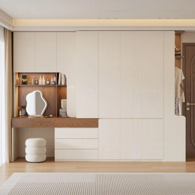 Solid wood wardrobe, desk integrated household bedroom wardrobe, open modern simple storage cabinet with dresser combination