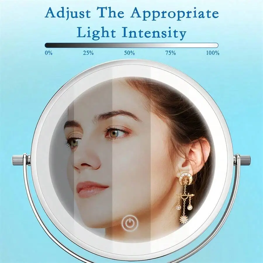 

7 Inch Metal Frame Makeup Mirror With LED Lights 1x/10x Magnification 360° Swivel Double Sided Adjustable Light Intensity