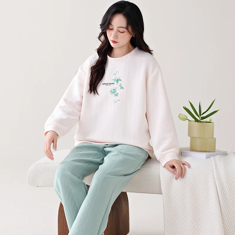 Women laminated air cotton pajamas letter pattern warm pyjamas female thin quilted suit long sleeve pajama winter leisure wear