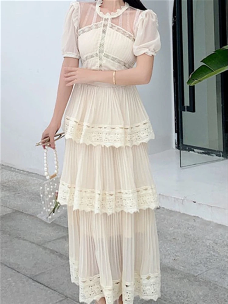 2023 Woman Lace Elegant Boho Summer Mesh Dress Solid Party Short Sleeve Sexy Dresses Women Vintage A-Line Embroidery Vestidos