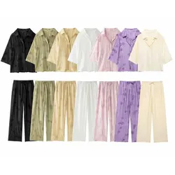 Woman Jacquard Trouser Set V Neck Long Sleeves Shirt Top + Casual Lace Up Elastic Waist Streetwear Women's Wide Leg Pant