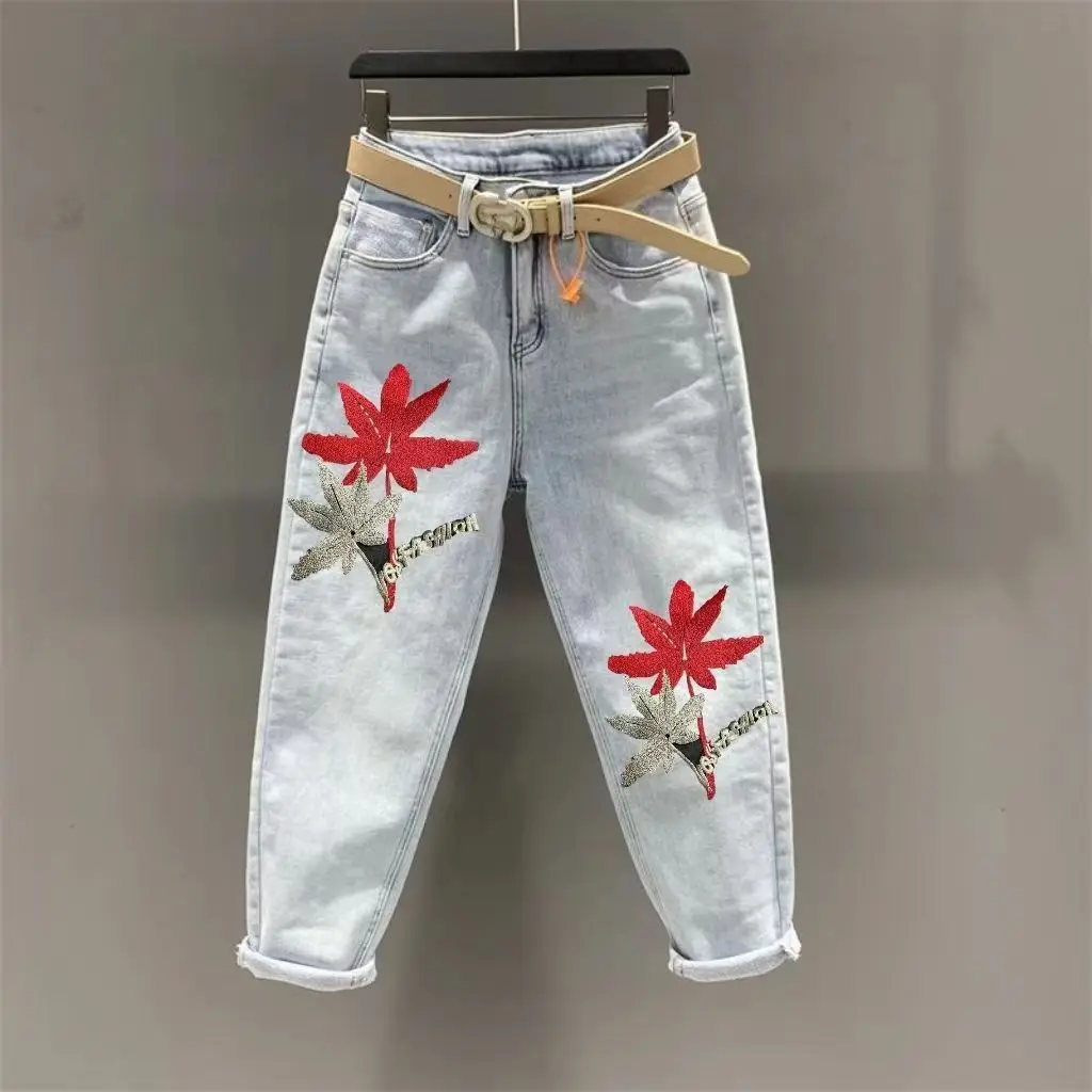 

Embroidered Maple Leaf Cowboy Women's Haren Pants Women 2024 Spring/Summer Versatile Look Thin High Waist Fashion Nine Leg Pants