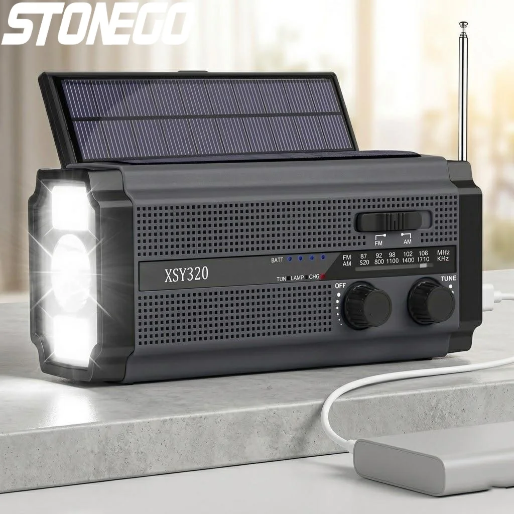 ポータブルソーラークランクam-fmラジオ-5000mahバッテリー-led懐中電灯-読書灯-sos緊急アラーム-アウトドアキャンプ-サバイバル-ハイキング