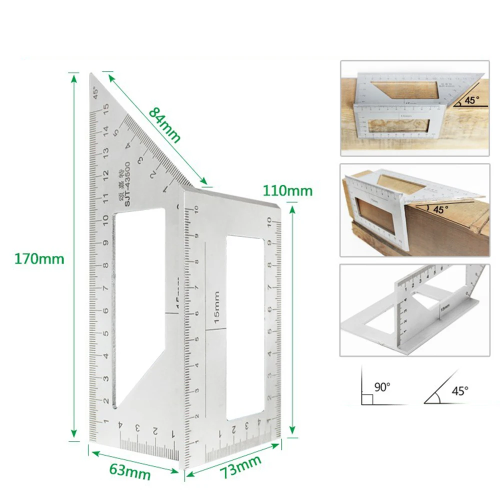 Alumínio Alloy Woodworking Angle Ruler, 45, 90 Graus, Medidor Multifuncional, Tirangular, Ferramentas de Medição