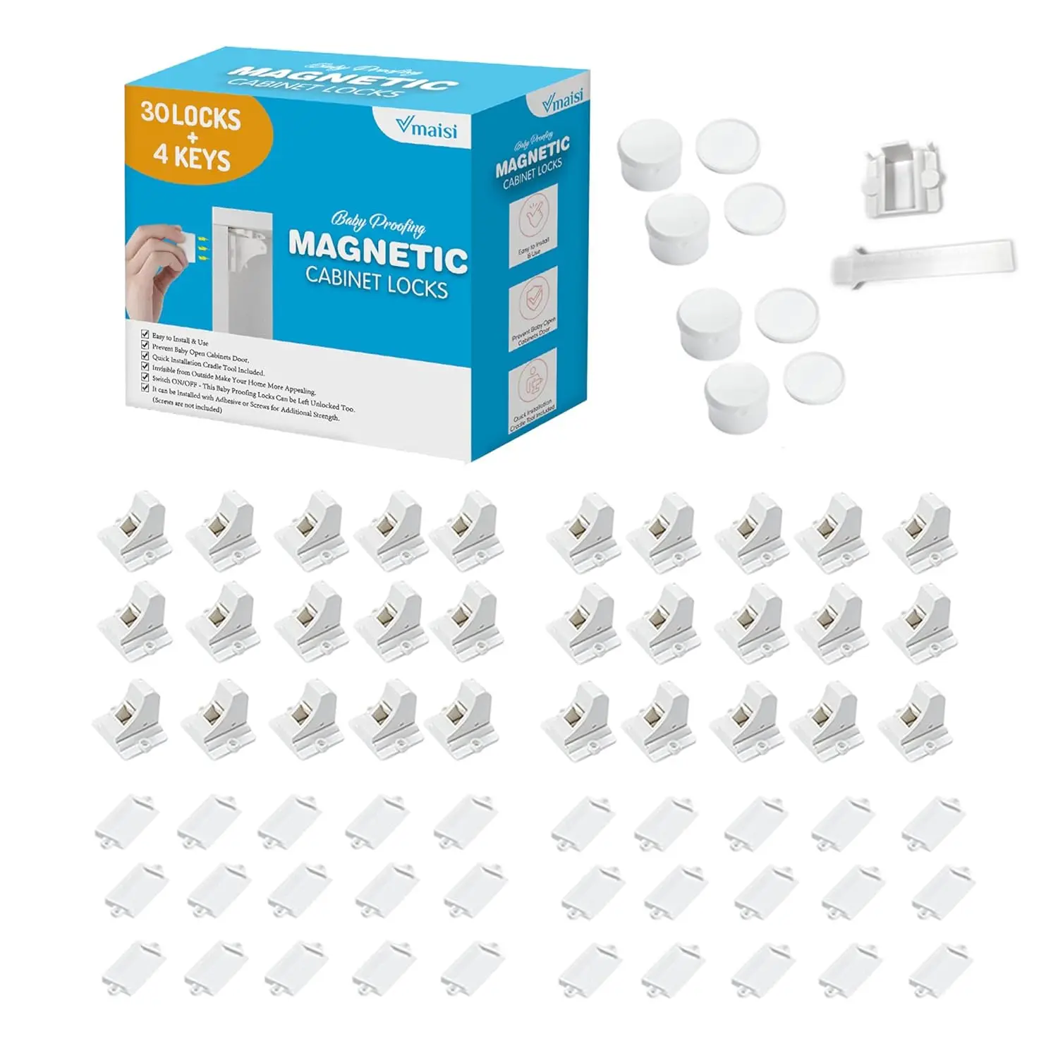 

30-Pack Magnetic Cabinet Locks for Baby Proofing, No Tools, Invisible Child Safety Locks