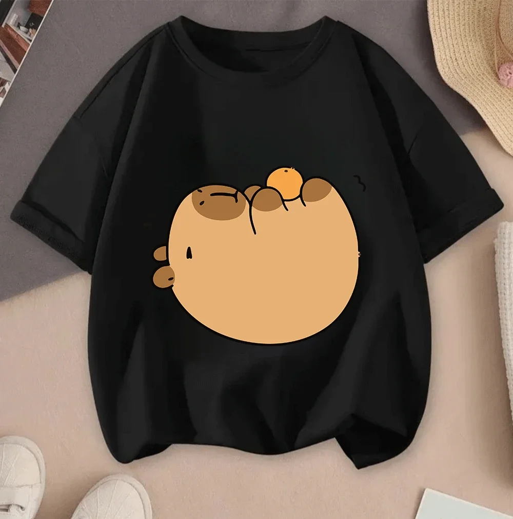 

Hot Sale Capybara Cartoon Print Casual Summer Short Sleeve 2026 Tops For Teenagers Kids Girls Boys 2D