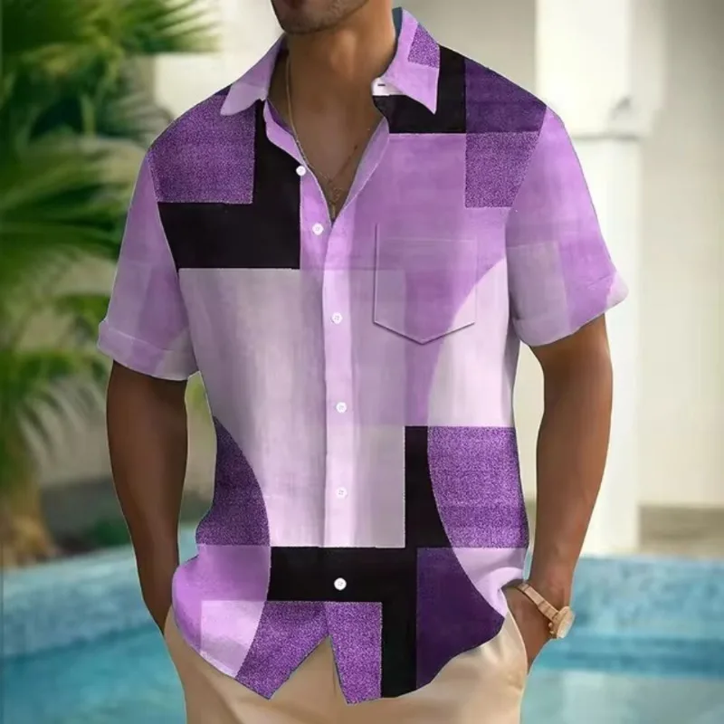 Camisa de hombre con botones, diseño geométrico de bloques de color, estilo casual de verano, cuello con estampado 3D, manga corta