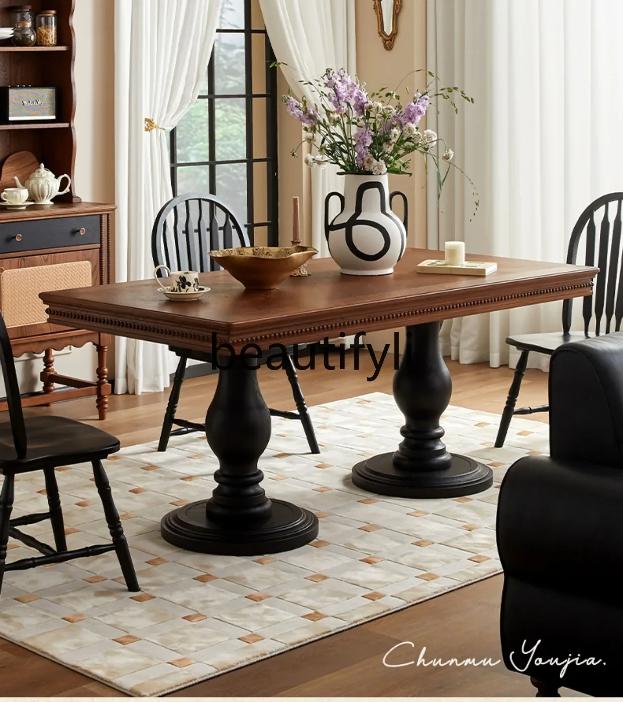 

Medieval style solid wood dining table and chair combination French retro living room home rectangular large board table