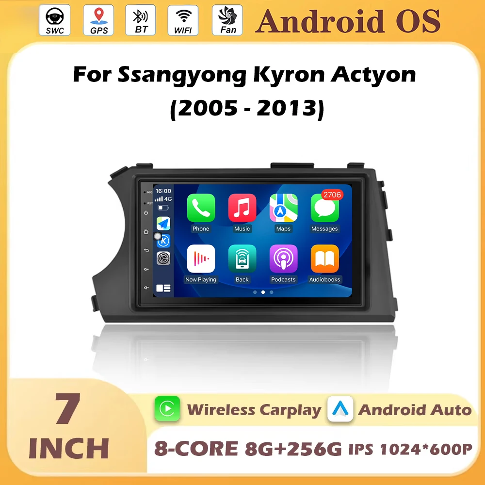 Car Video Multimedia Player GPS Navigation DSP Stereo Wireless Carplay For Ssangyong Kyron Actyon 2005-2013 7 Inch Android 16 BT