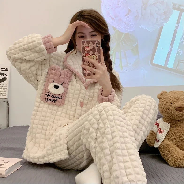 Women's Winter Thickened Bear Plush Pajamas Women's Winter Cartoon Cardigan Lapel Loungewear Set Pajamas