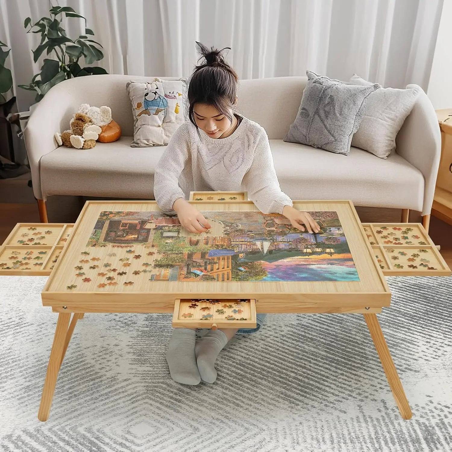 

Foldable Wooden Jigsaw Puzzle Table with 4 Drawers and Cover, 1500 Pieces Board for Adults