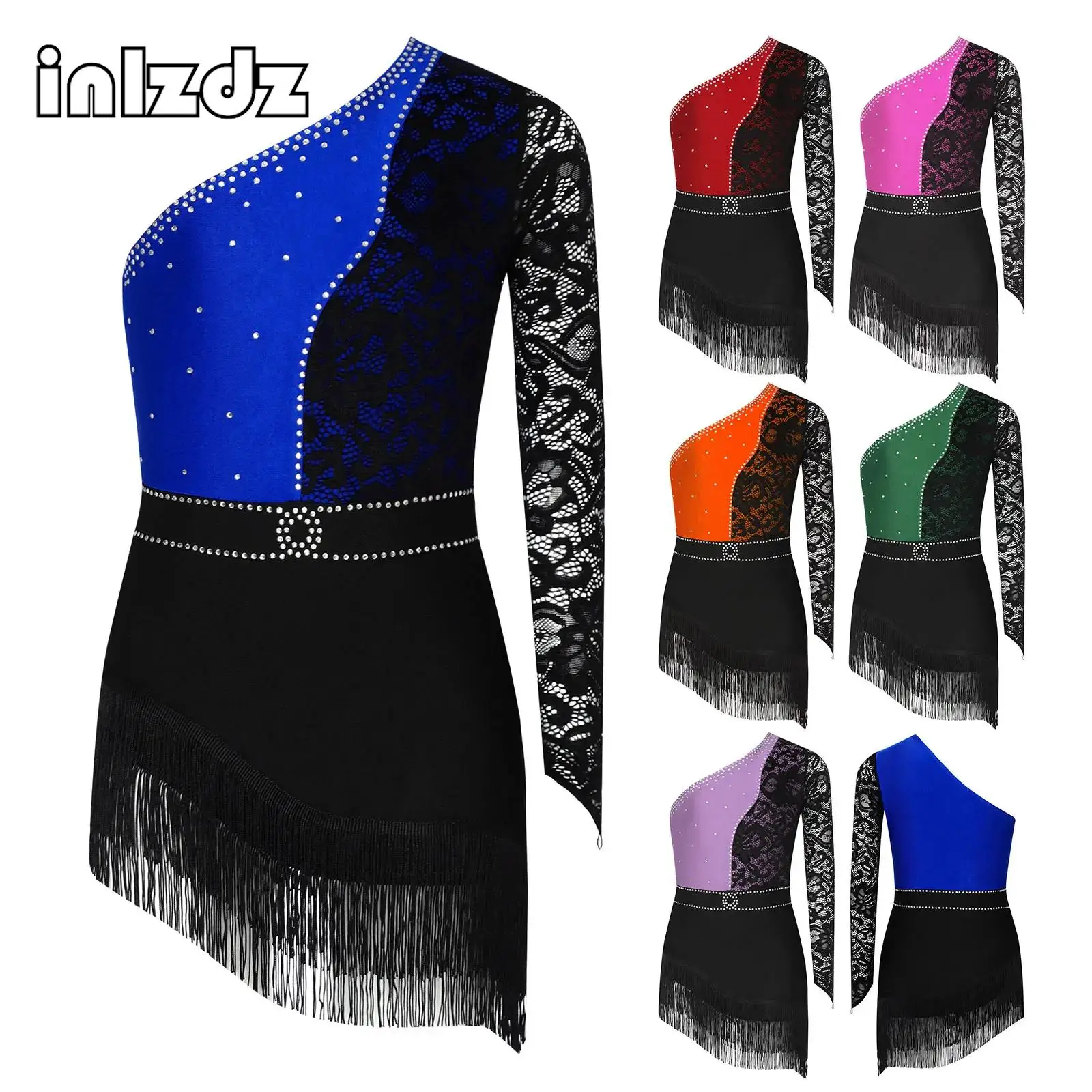 

Girls Latin Dress Rhinestones Lace Samba Rumba Jazz Cha Cha Costume One Long Sleeve Built-In Crotch Buttons Tassels Dancewear
