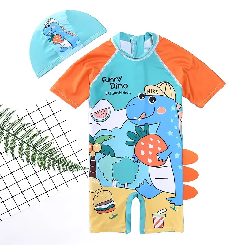 Baby Boys Short Sleeve Bathing Suit Infant One-piece Rashguard Patchwork Cartoon Print Swimsuit Beach Water Sport Surfing Shirt