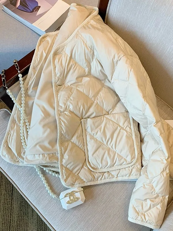 

Women's Short Thickened Cotton Jacket Small Square Patterned Korean Style Commute Outerwear Winter Coat Button Pocket Details