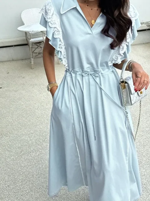 Ele Summer 2025 Chic Faion Gonna lunga da donna Dr Ruffle Splicing New Sle Pendolarismo Or Sve Colletto A-line S...