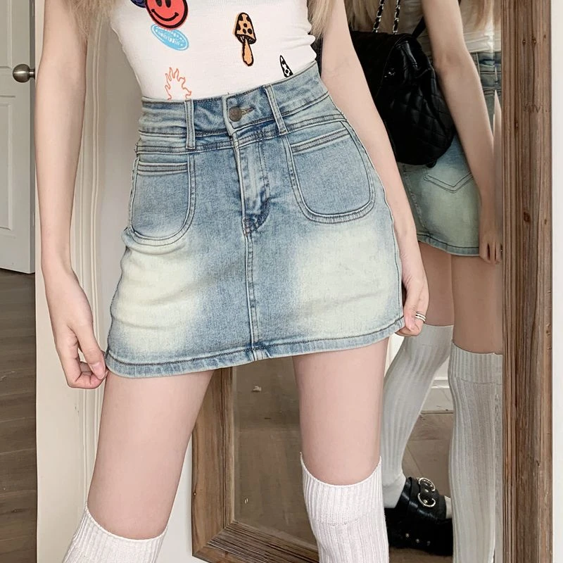 

Юбки женские джинсовые мини Faldas Mujer летние в консервативном стиле винтажные с высокой талией модные универсальные корейские простые однотонные ретро карманы