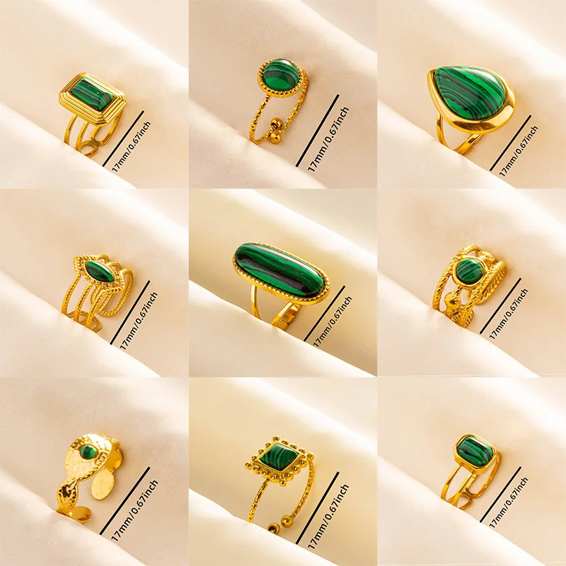 5PCS Stainless Steel Rings Bohemian Jewelry Green Gemstone Gold Plated Knuckle Turquoise Rings For Women Girl Gifts Never Fade