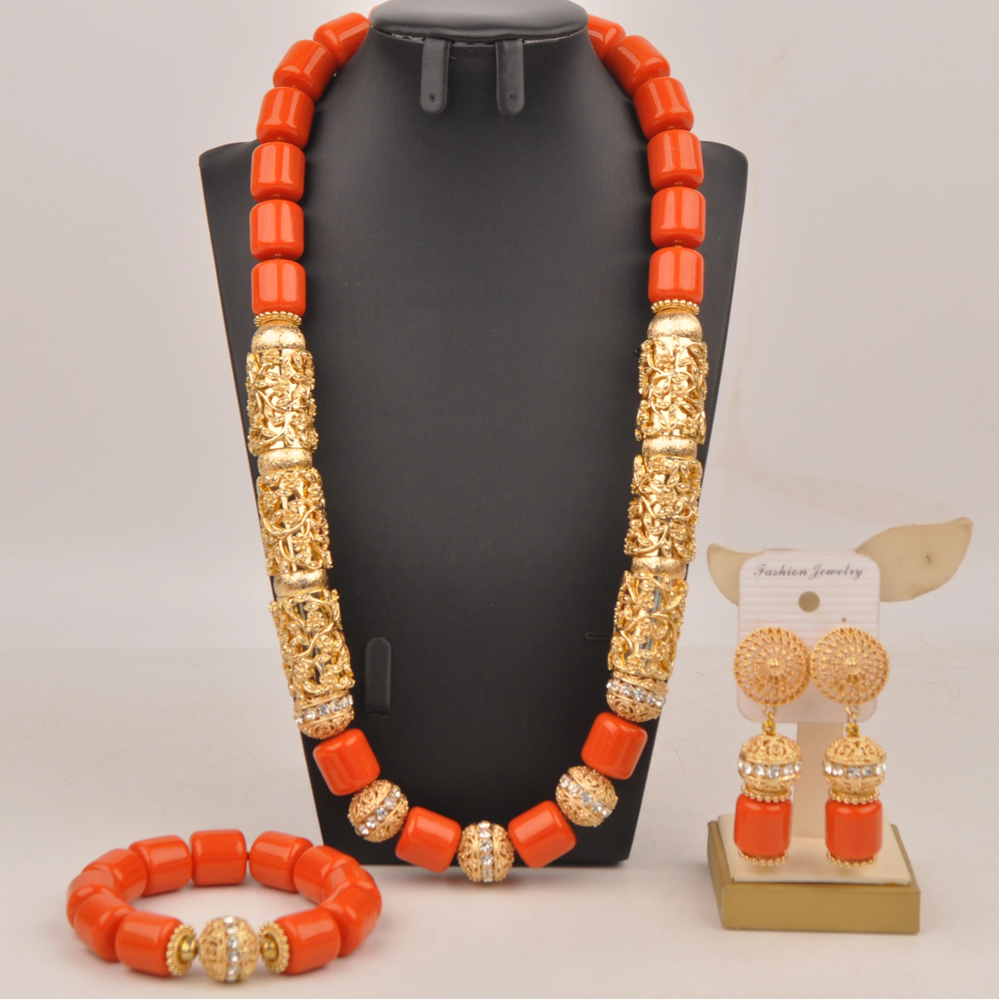 Fashionable African Bridal Wedding Jewelry Nigeria Couple Wedding Pearl Orange Imitation Coral Necklace Set XIN-180