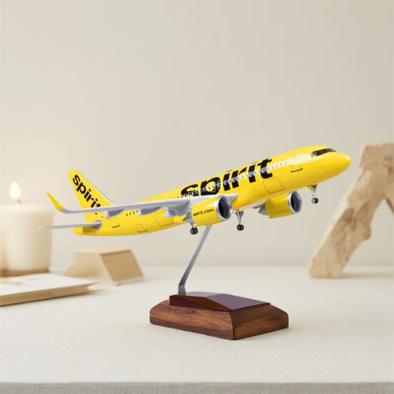 Modèle d'avion A320 Neo Spirit Airways 47cm à l'échelle 1/80 en résine moulée sous pression pour souvenir d'aviation avec roues et base