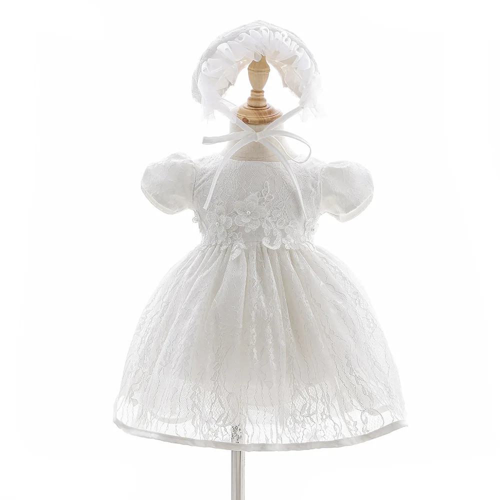 White Lace Baby Dresses + Hat For Christening 0 To 12 24 Months First Birthday Toddler Girl Clothes Infant One-piece Gown