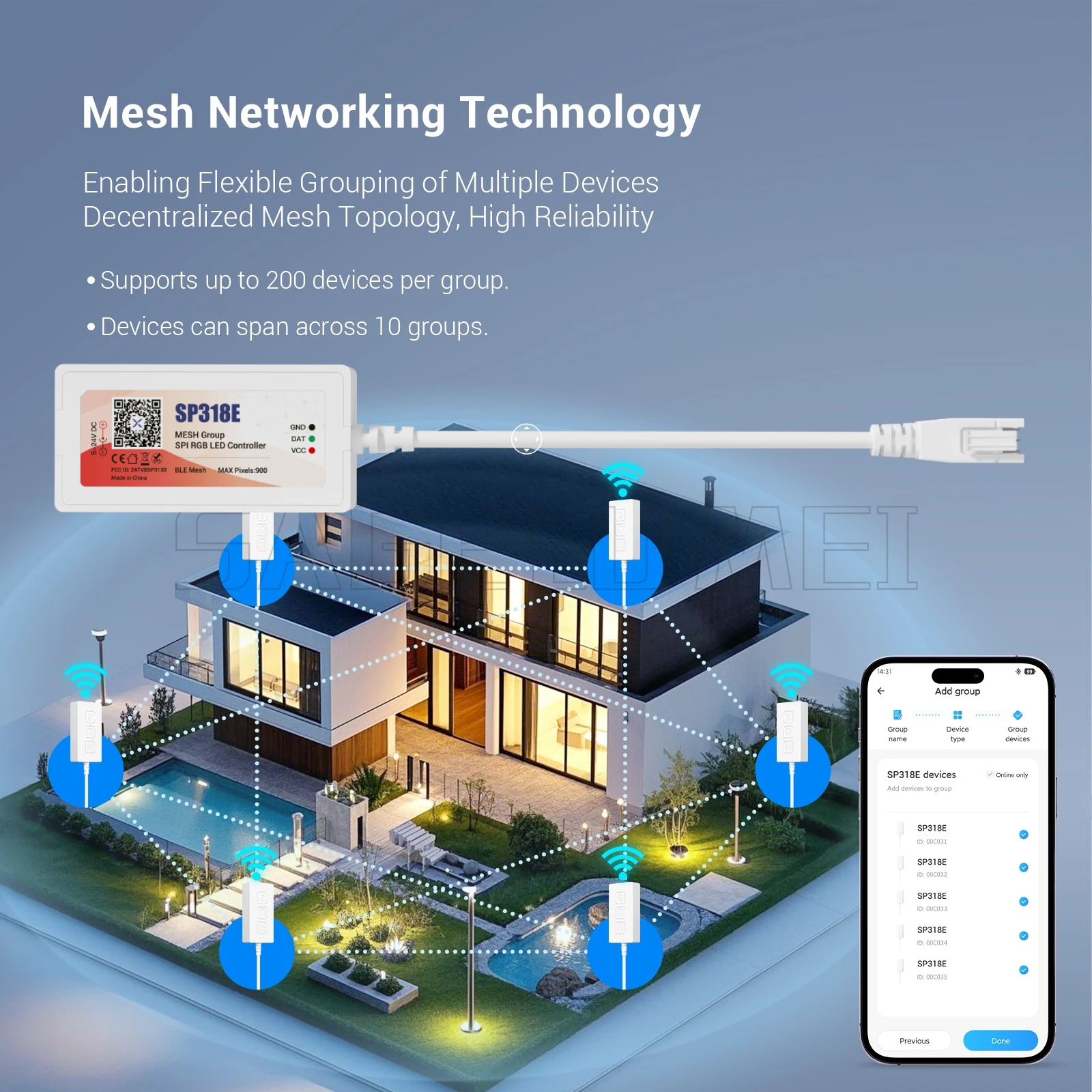 Bluetooth DC5-24V SP318E SPI RGBIC LED Controller MESH Flexible Networking Group Control up 200Devices App Music DIY Visual UI