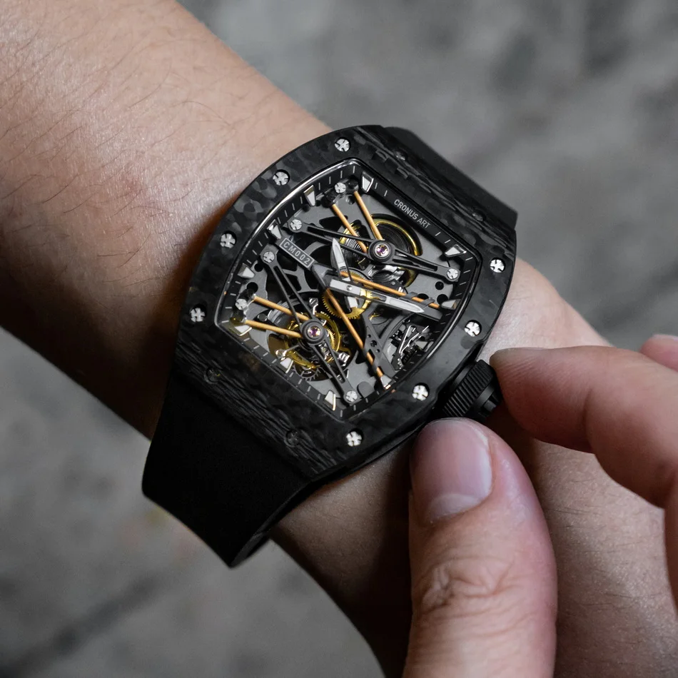 CRONUSART Orologio da uomo Tourbillon 50mm * 42mm Tonneau Orologio da polso meccanico Cassa in fibra di carbonio Lume Cinturino in gomma fluorurata Quadrante scheletrato