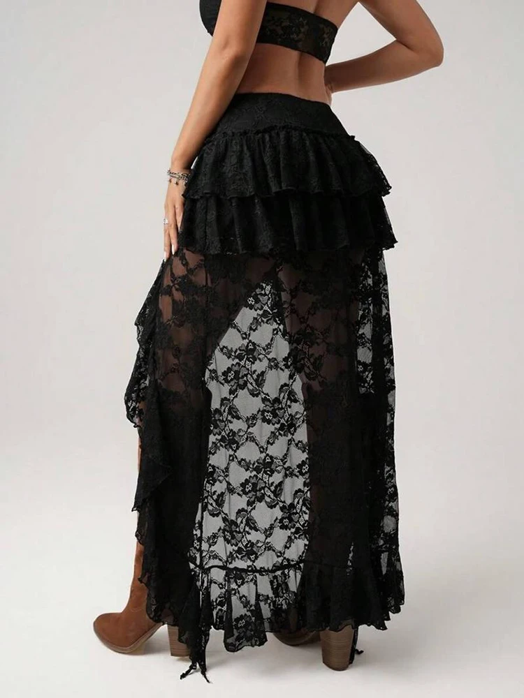 

Модные однотонные длинные юбки с оборками для отпуска, женские новые повседневные ажурные юбки, летние сексуальные нерегулярные кружевные полуюбки с вышивкой