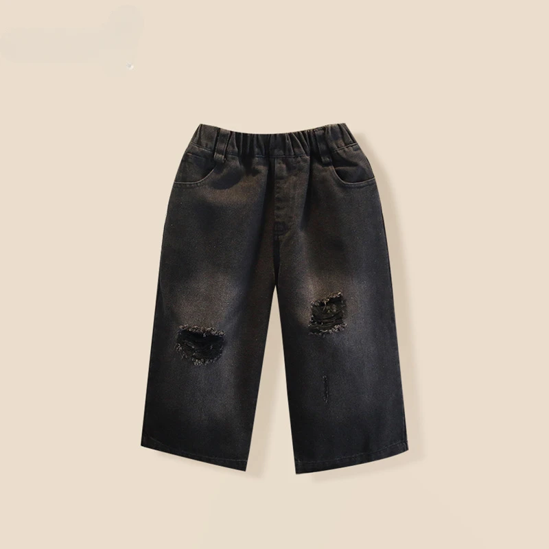 Boys' Black Ripped Jeans Spring 2025 New Loose And Handsome Children