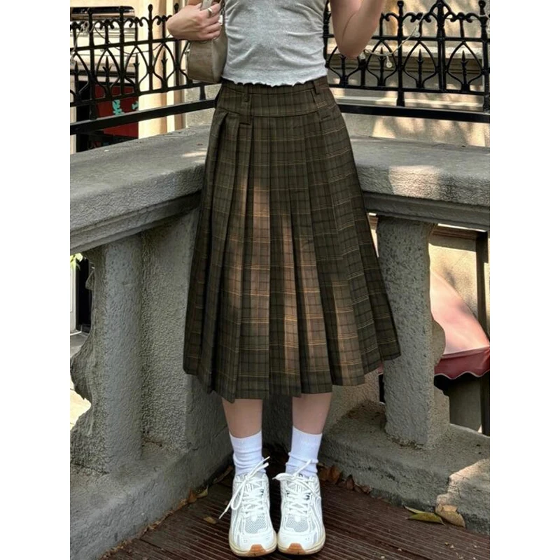 

PBAP Vintage Pleated A-line Tartan Skirt Women High Waist Draped Green Checkered Loose Midi Long Skirt Summer Casual Clothes