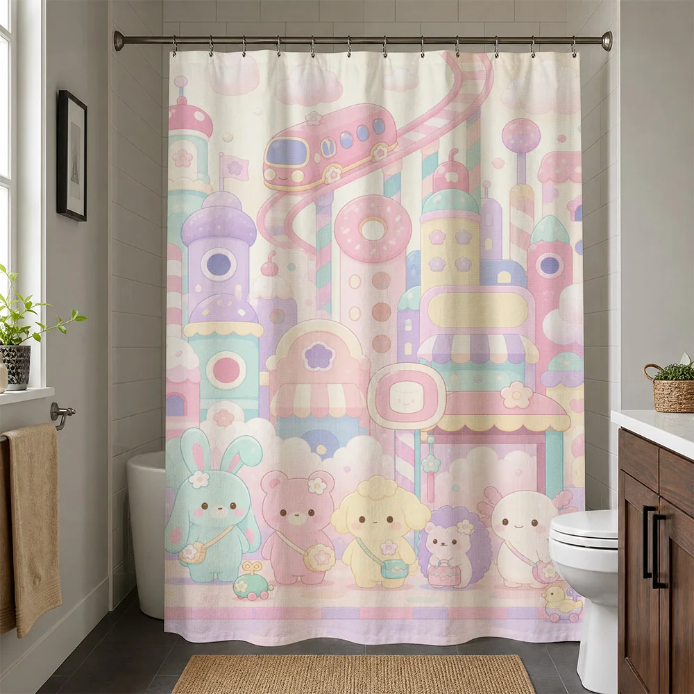 Whimsical Kids Shower Curtain Waterproof Cartoon Bath Decor Pastel Candy Cityscape Cute Animals Bear Bunny Bathroom Shower Liner