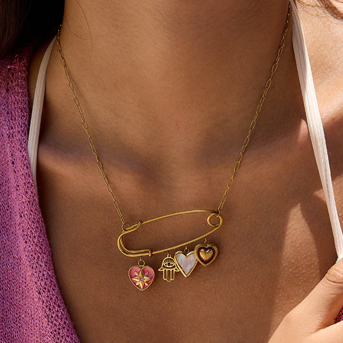 

AIKOER Ocean Vacation Style 18K Gold Color Plated Stainless Steel Drip Oil Shell Pink Love Pendant Necklace Women's Jewelry