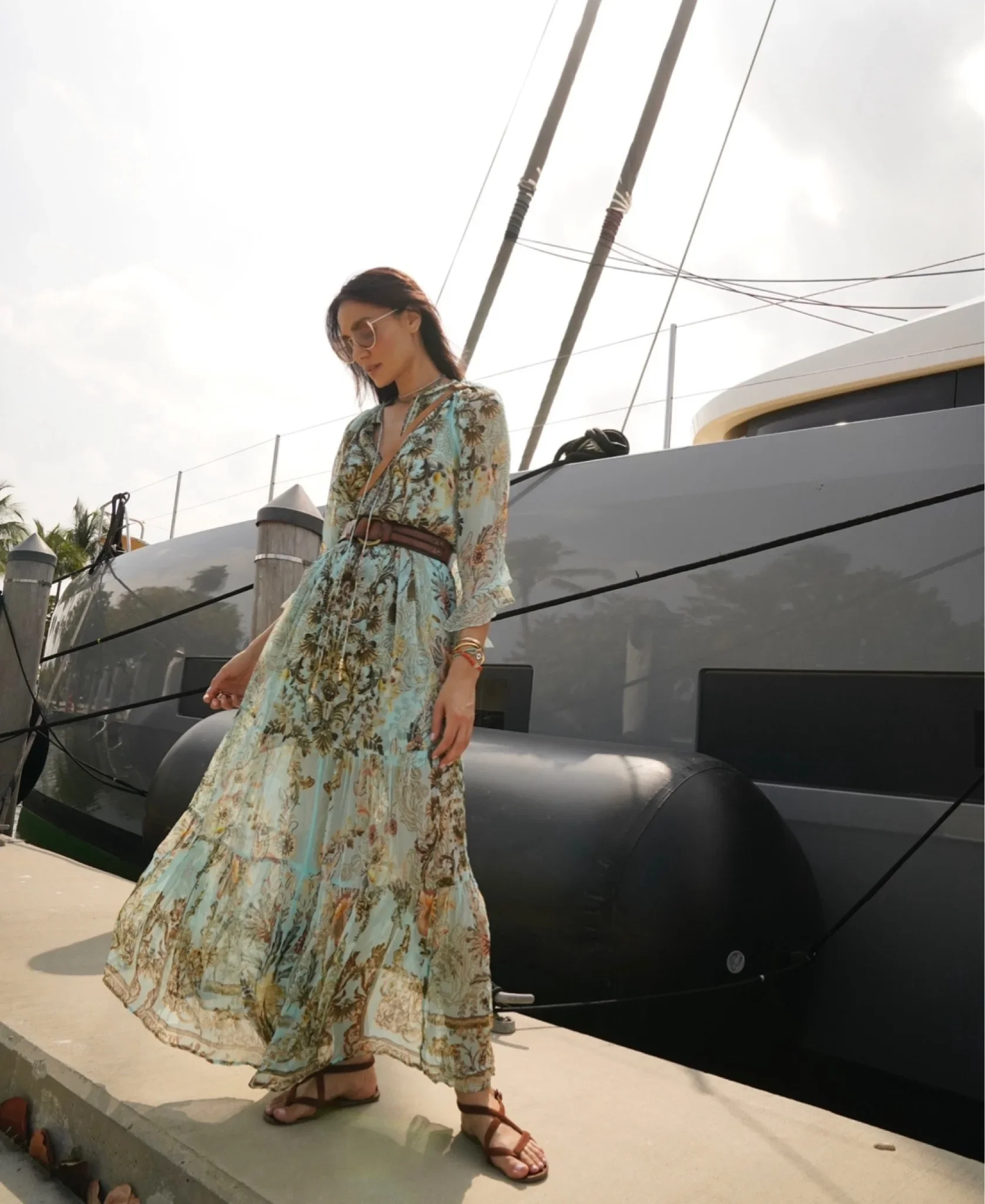 

Women 100% Silk Beaded Flower Printed Vintage Three Quarter Sleeve Holiday Long Dress