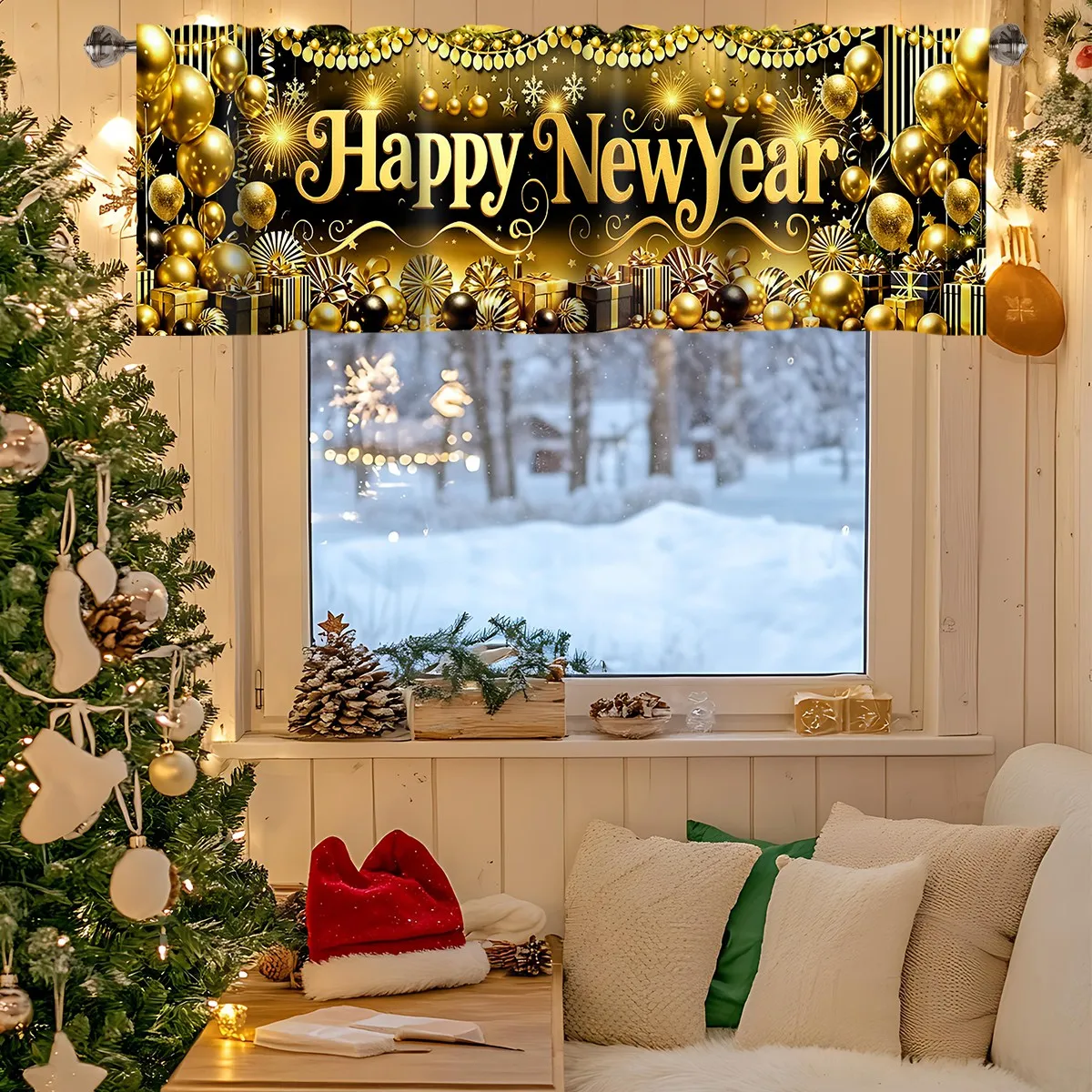 2026 سنة جديدة سعيدة ستائر قصيرة الستائر الألعاب النارية والبالونات علاجات النوافذ زينة السنة الجديدة للحمام المطبخ المنزلي #2