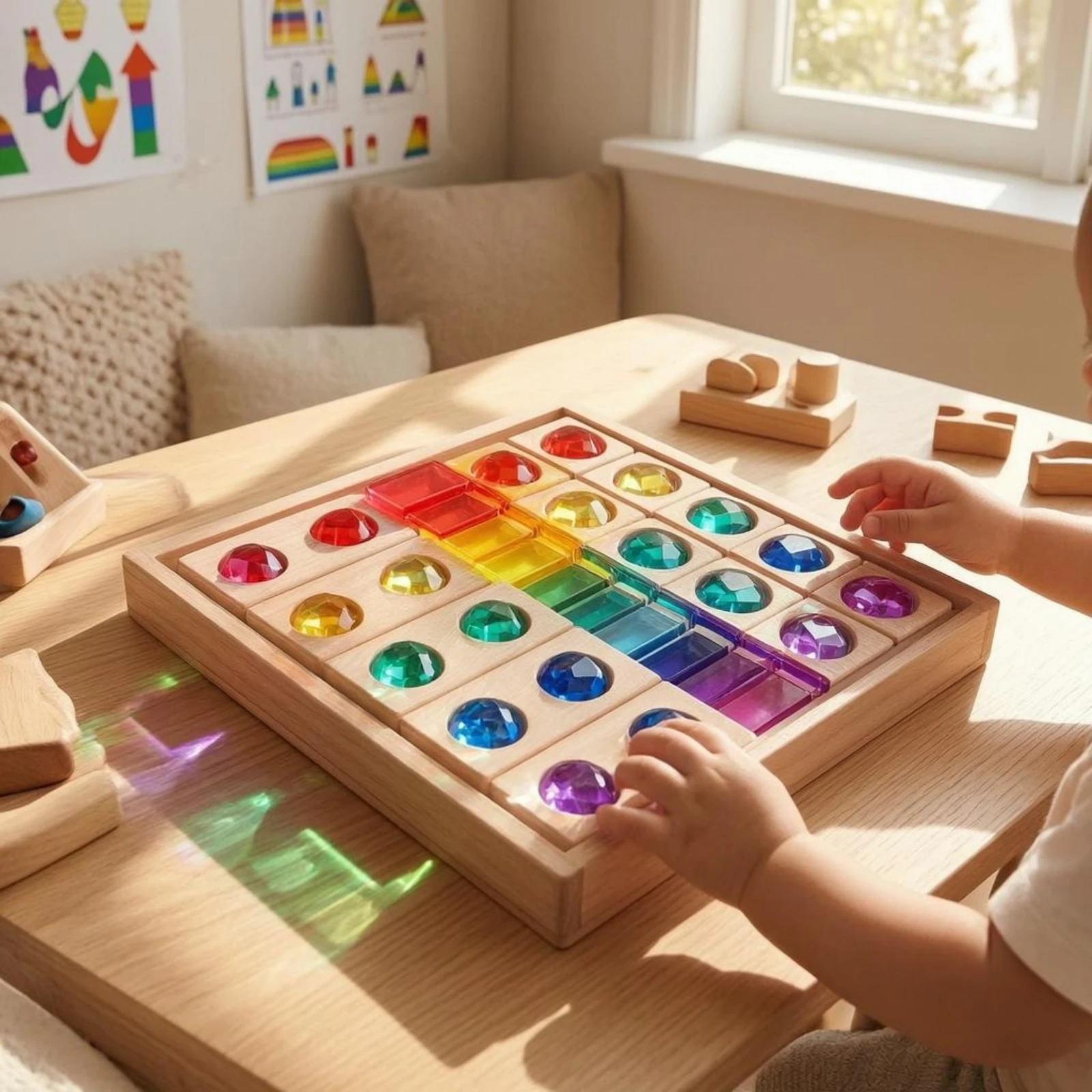 Wooden Sensory Stacking Toy Faceted Wooden Crystal Blocks Acrylic Stacking Board Colorful Acrylic Window Blocks Sunlight