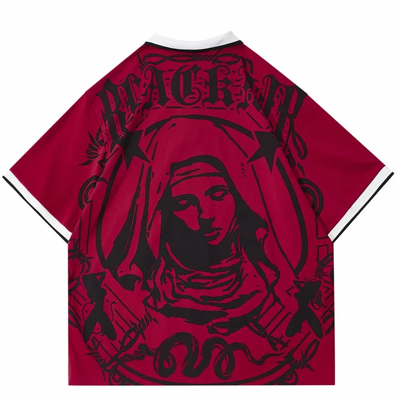 2025 New Y2K US Summer Street Ins Trendy V-neck Nun Printed Men's and Women's Loose Hoodie Short Sleeve T-shirt