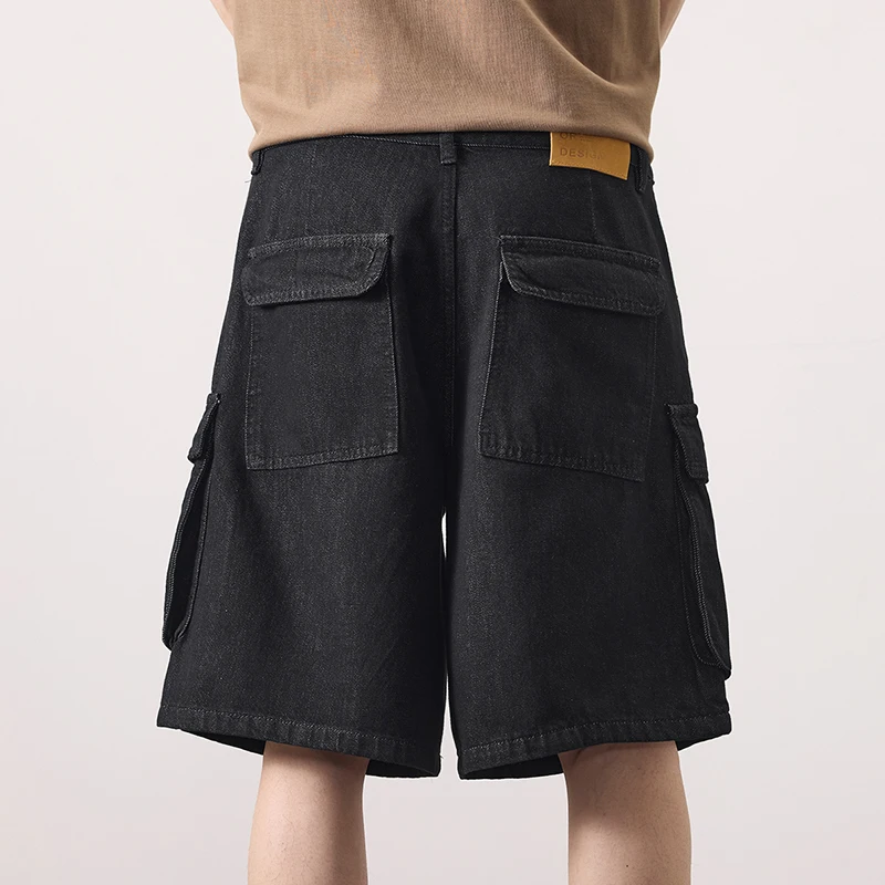 KSTUN Lyocell Celana Pendek Musim Panas Jeans untuk Pria Celana Kargo Kaki Lebar Celana Panjang Lutut Pakaian Jalanan Celana Pendek Denim Hitam Pria Pas Longgar