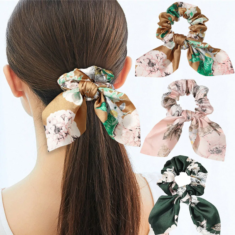 Elastic Hair Tie Scrunchies para rabo de cavalo Moda Bow Print Fita de flor Corda de cabelo de orelha de coelho