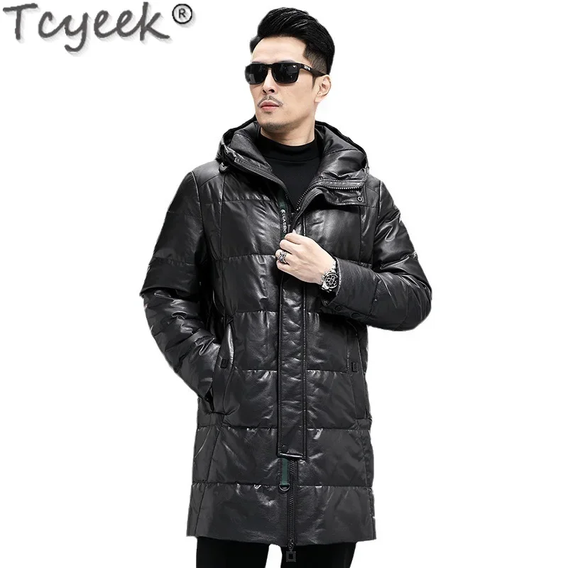 Tcyeek Genuine Leather Jacket Men Winter Jackets Mid-length Top Layer Cowhide Coats Warm Goose Down Coat Mens Clothing Hooded