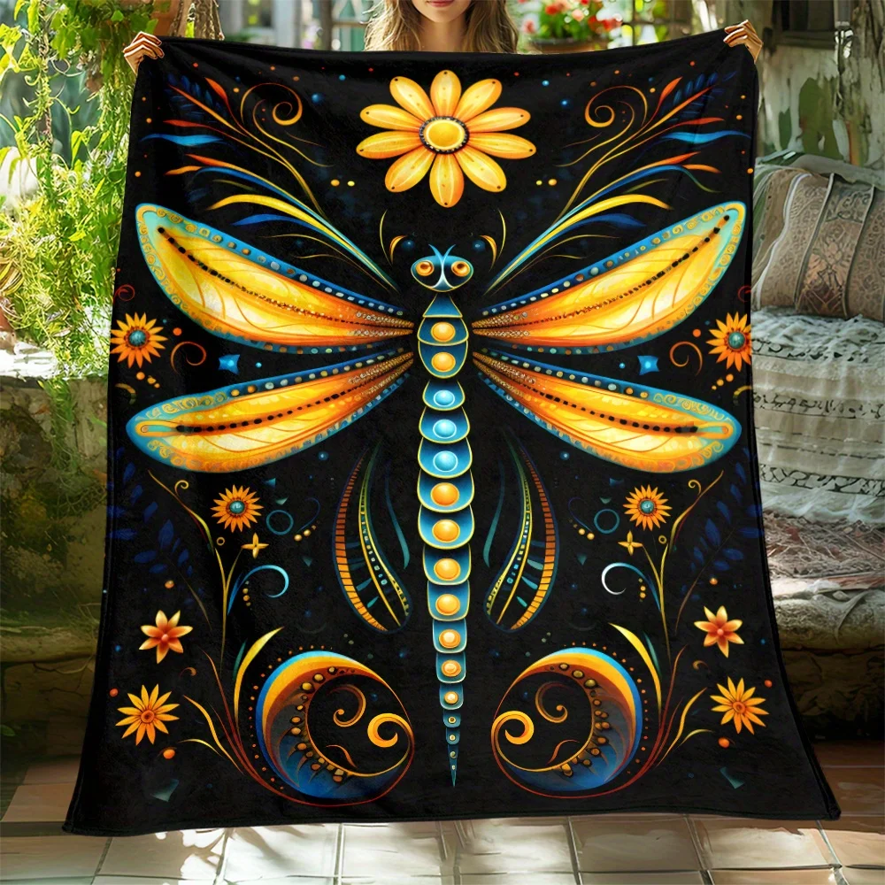 Golden Sunflower Dragonfly Throw Blanket Vintage Mandala Floral Art Mystical Vibrant Decor For Couch Sofa Bed Living Room