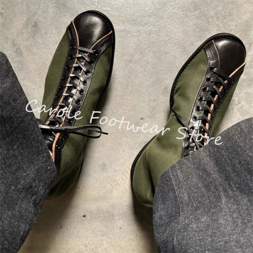 

Retro Mixed Color High Top Lace-up Short Boots for Men American Style Boxing Boots Male Leather Splicing Motorcycle Boots