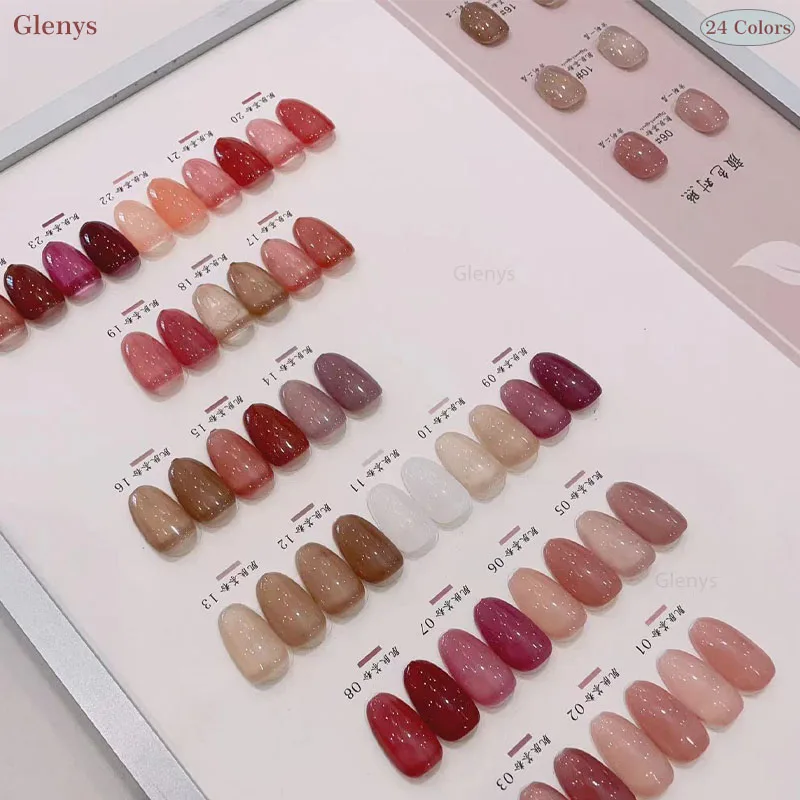 Glenys 24 لون مسحوق الشاي الجلد طلاء الأظافر الغراء كل صافي مسحوق شعبية العطاء تمرغ هلام مع بطاقة ملونة مسمار الفن الورنيش