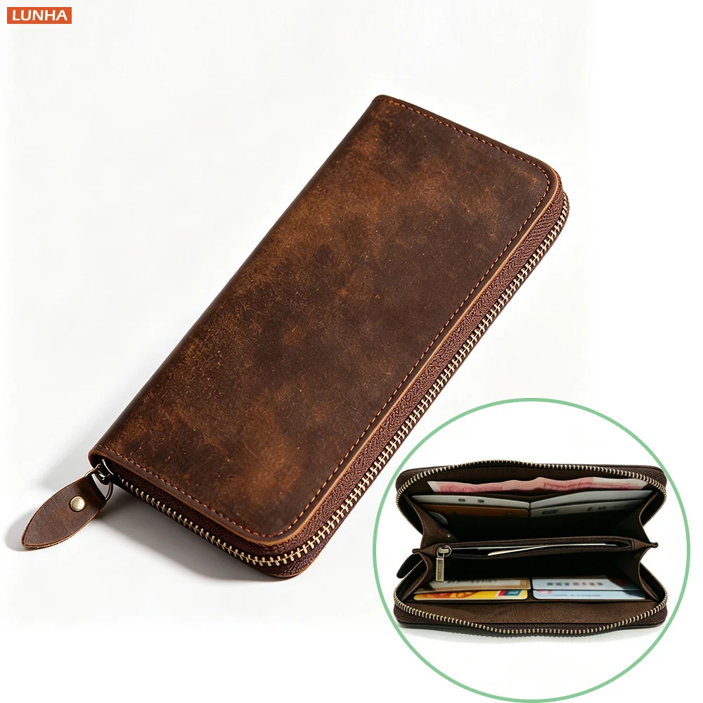 Vintage Genuine Leather Wallet Men's RFID Blocking Long Purse with 8 Card Slots Zipper Card Holder Bag Business Daily Style