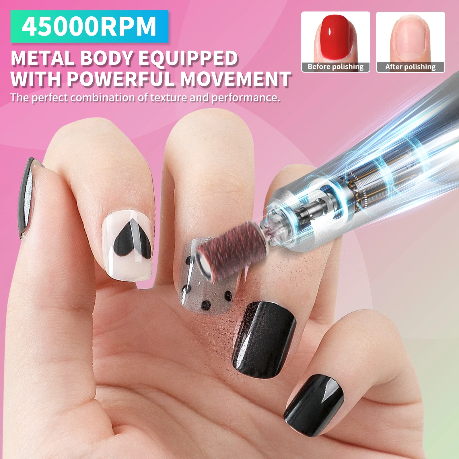 Oplaadbare nagelboormachine, 45000 RPM elektrische nagelvijl Draagbare Efile draadloze en professionele nagelslijperset voor vrouwen