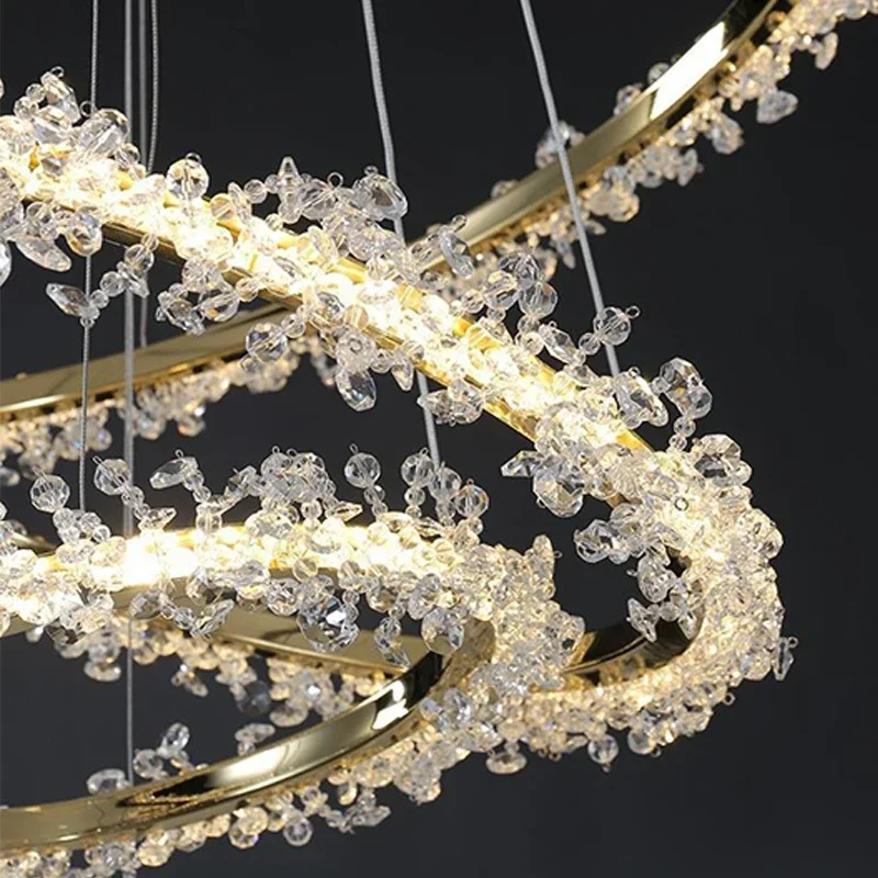 Nordic modern luxury golden round ceiling crystal chandelier indoor living room electroplating halo LED chandelier