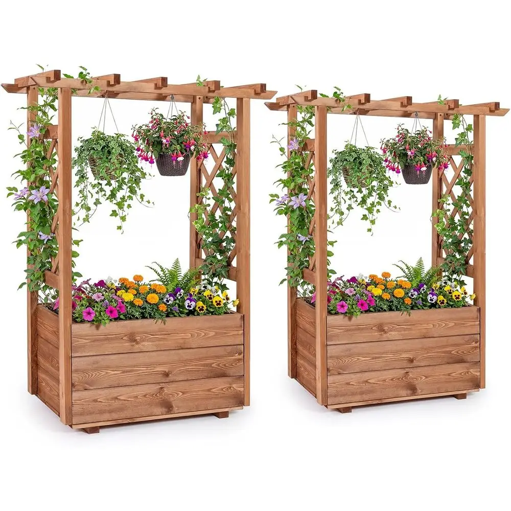 

Elevated Wooden Planter Box with Sided Trellis, 31x16x41, Brown, for Raised Garden Beds and Climbing Plants
